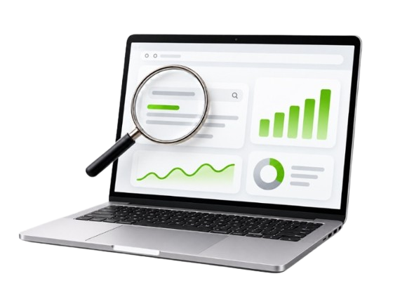 Notebook exibindo painel de análise de SEO com lupa